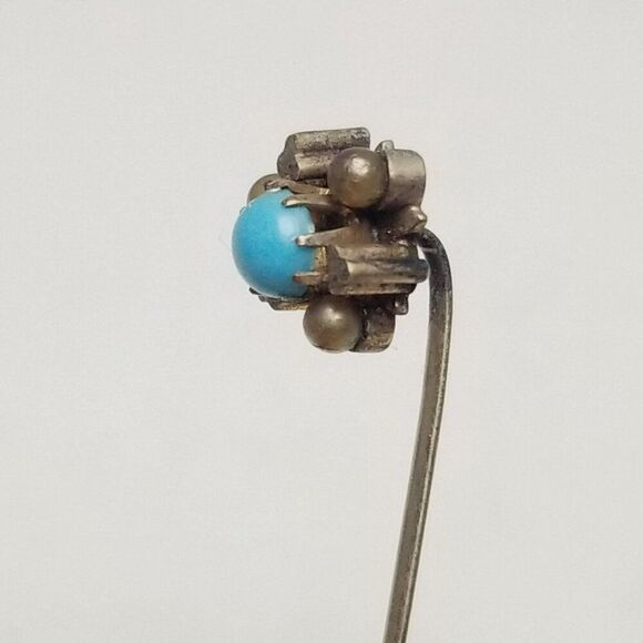 Vintage Blue Cabochon and Tiny Faux Pearls Stick Pin, Antique Victorian Style - Picture 4 of 7